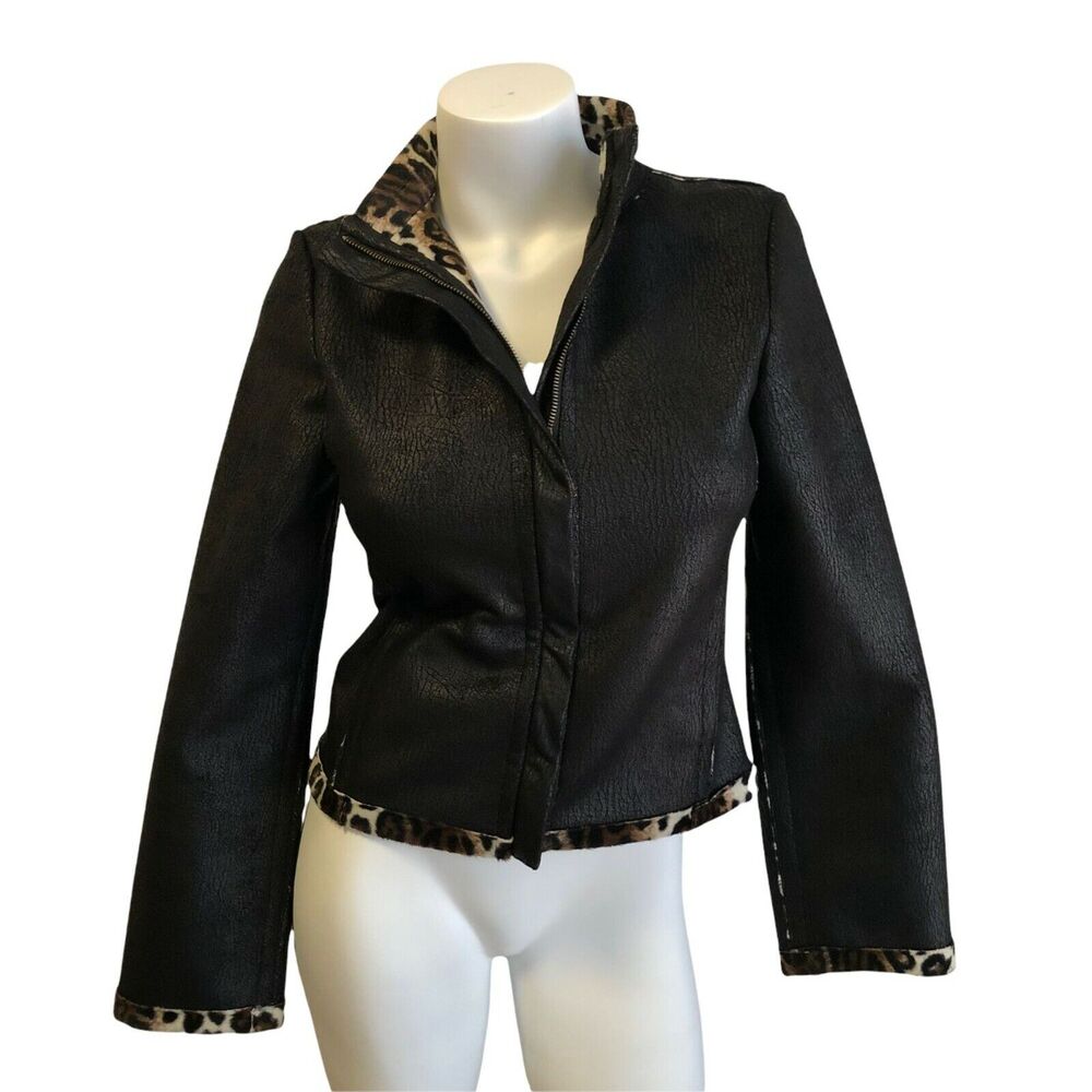 Skea Vail Colorado Vegan Leather Jacket Animal Print Faux Fur Trim Womens 4 LkNw - Picture 2 of 8